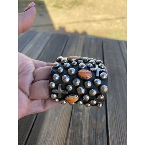 Navajo Sterling Silver & Orange Spiny Cross Bracelet By Chimney Butte Signed